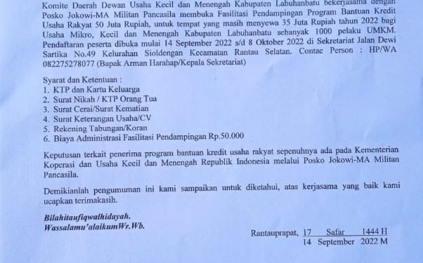 Jokowi Bersama Dewan UKM Labuhanbatu Centre Fasilitasi KUR Untuk 1000 UMKM 21 September 2022